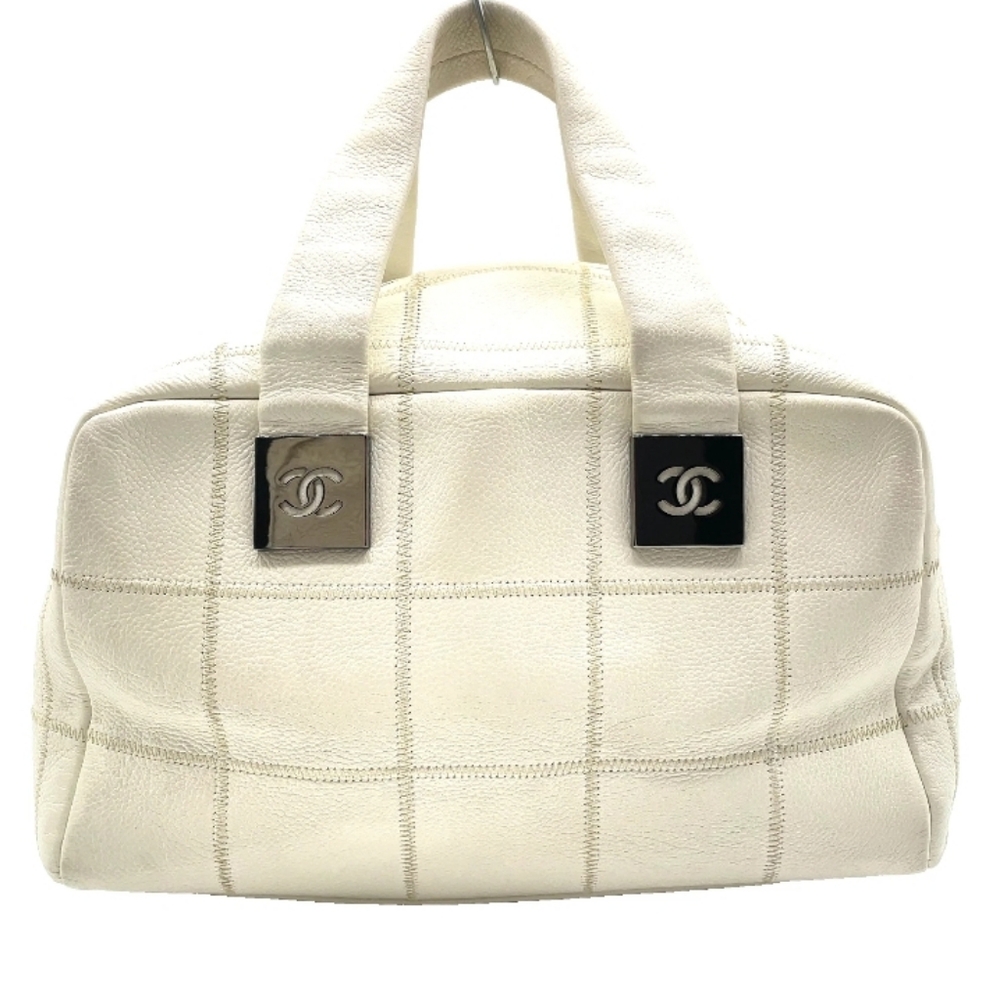 Auth Chanel Choco Bar Coco Mark Lux Square Stitch White Boston Bowler Handbag - Picture 13 of 13